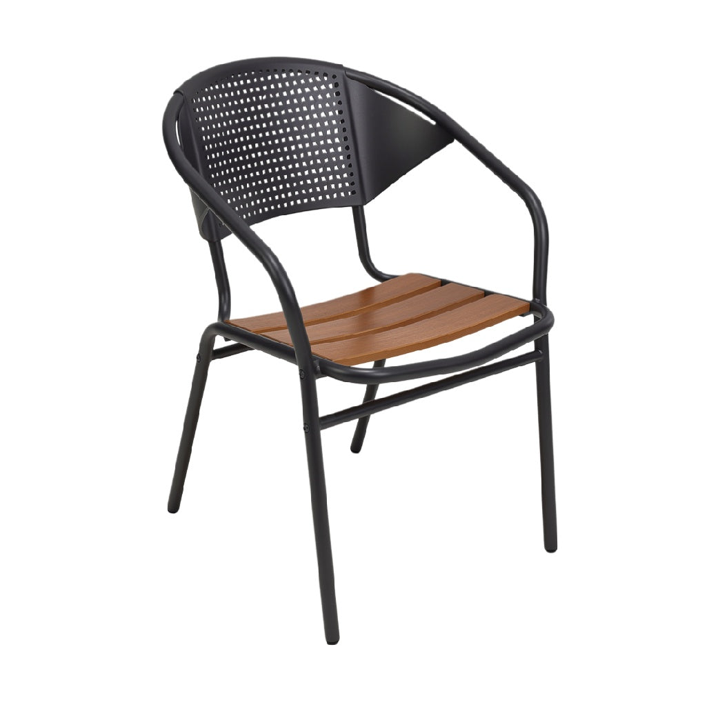 Silla de exterior de metal con asiento de madera y diseño contemporáneo