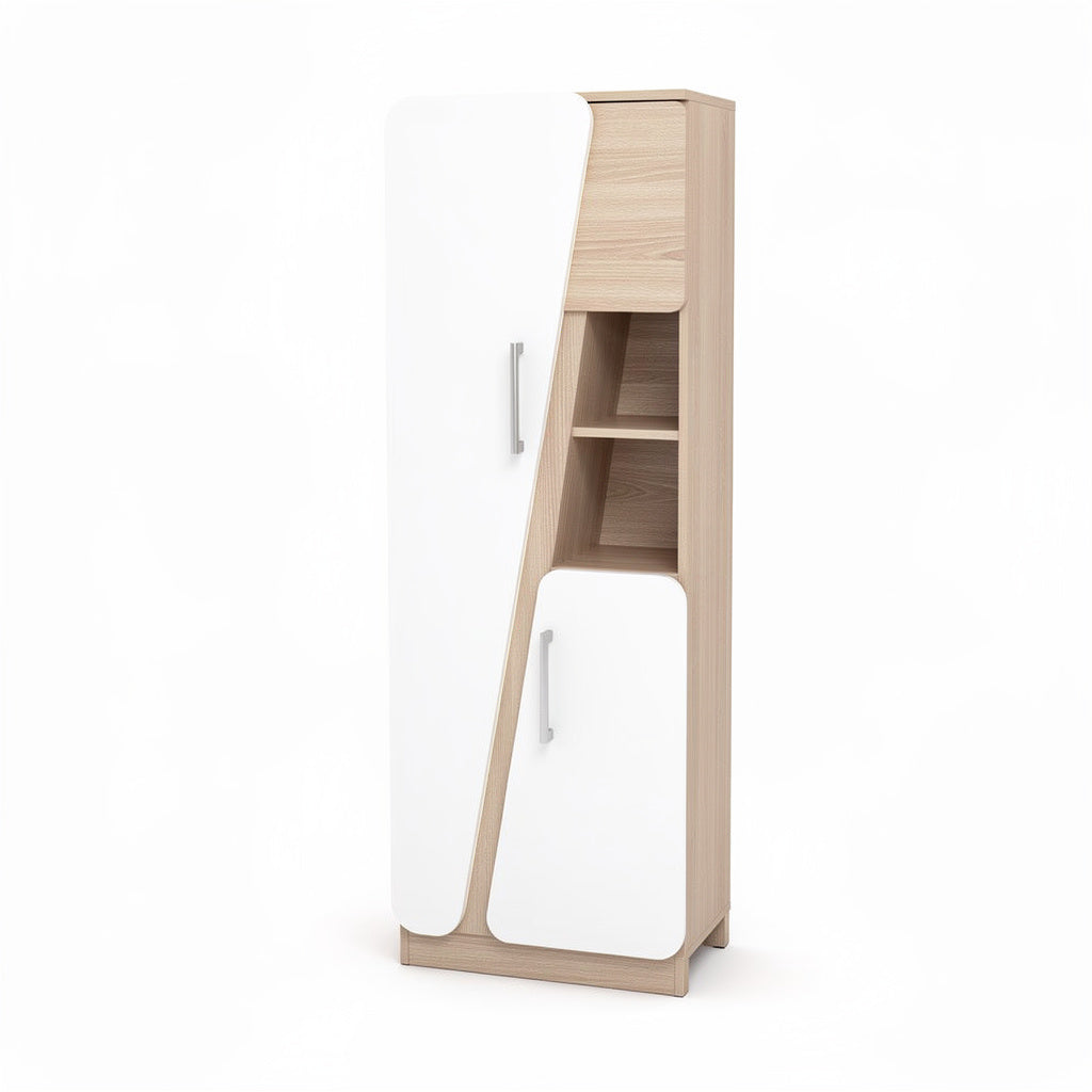 Título técnico en español: **Armario moderno de madera con puertas blancas y estantes integrados**