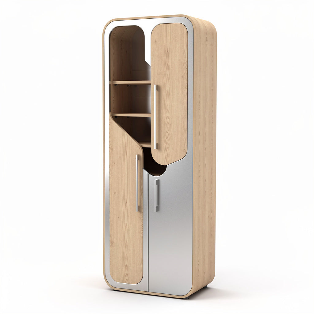 Armario moderno de madera con acabado en metal, diseño funcional y estantes ajustables