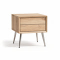 Mesa de noche moderna de madera clara con patas metálicas y dos cajones.