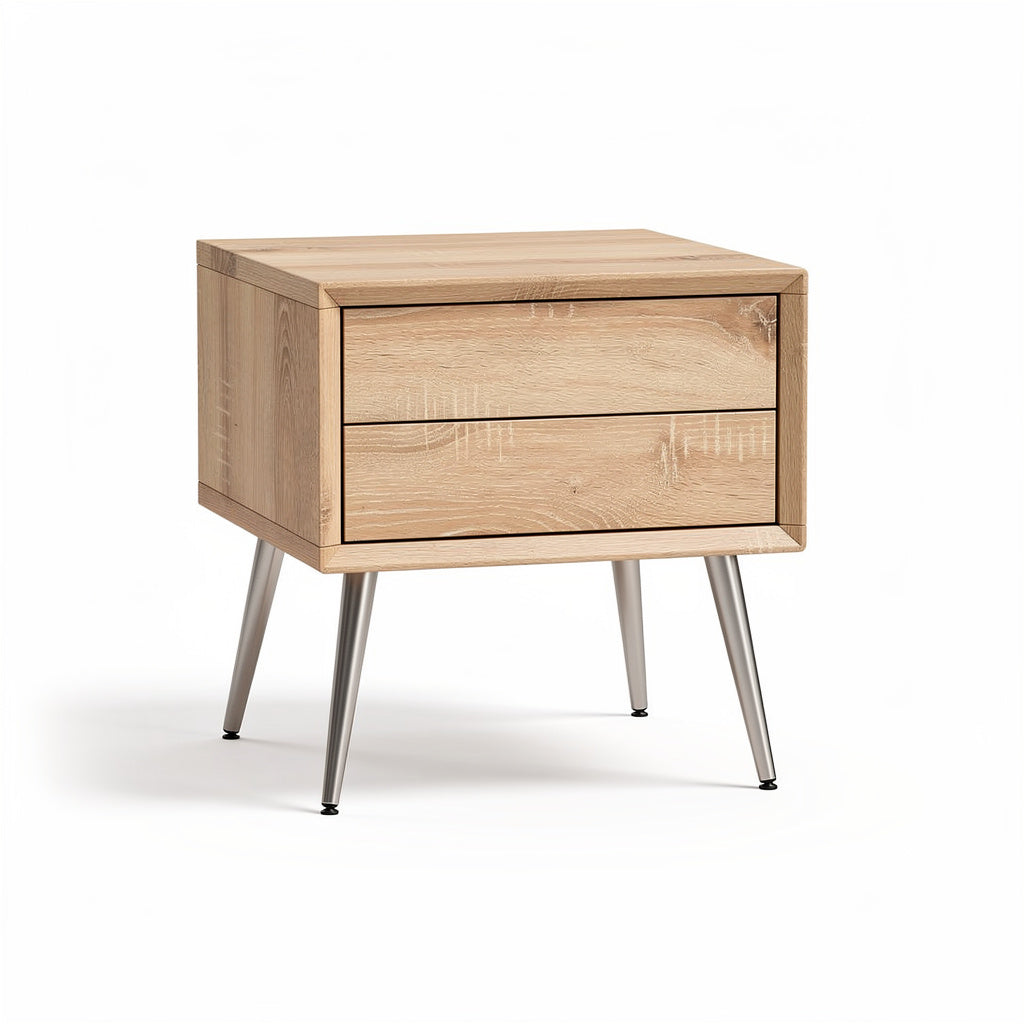 Mesa de noche moderna de madera clara con patas metálicas y dos cajones.