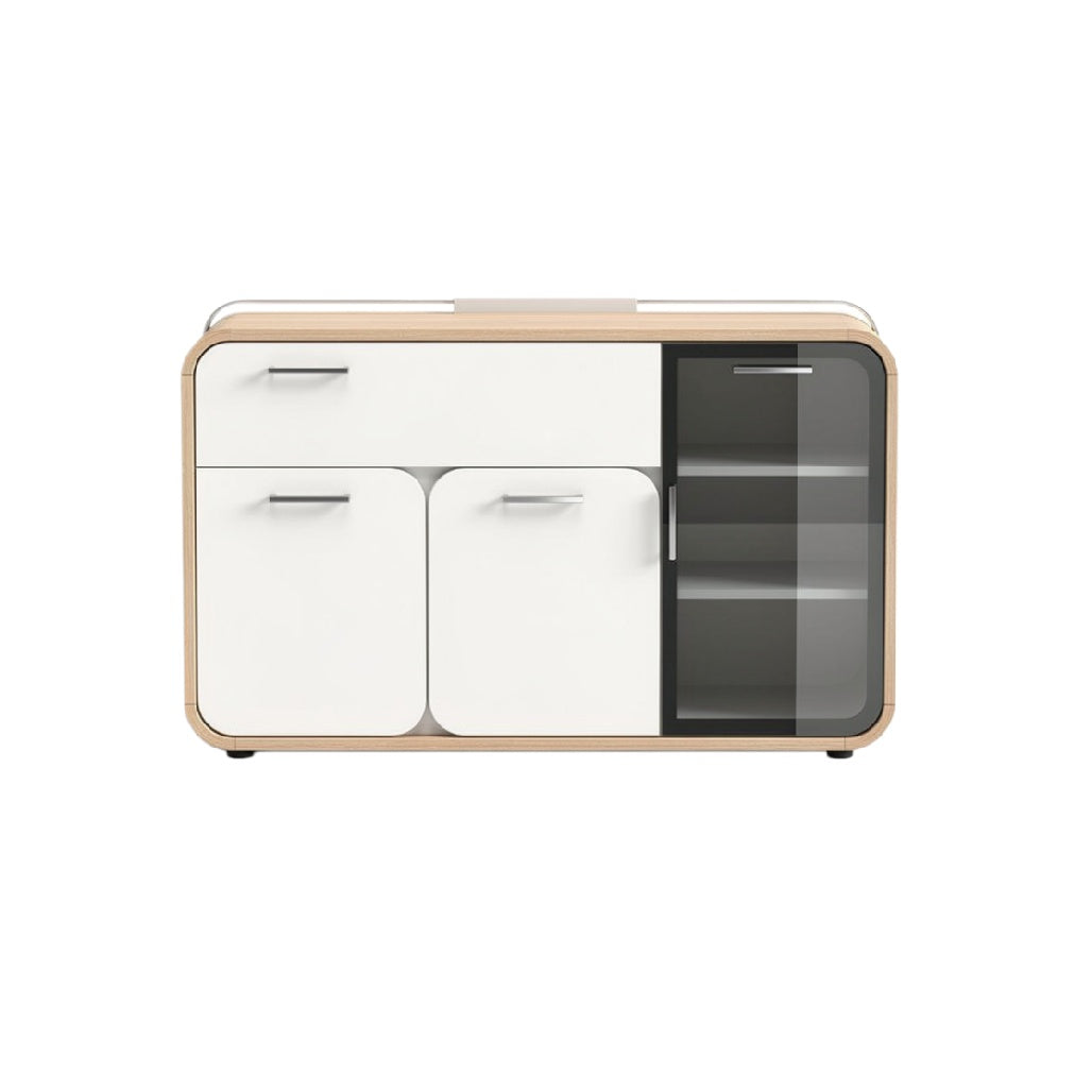 Título técnico en español: Mueble de Almacenamiento Moderno con Puertas Blancas y Vidrio Translucido